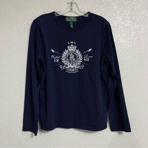 LRL Ralph Lauren Tee Womens L Preppy Embroidered Beaded Crown Crest Logo Navy